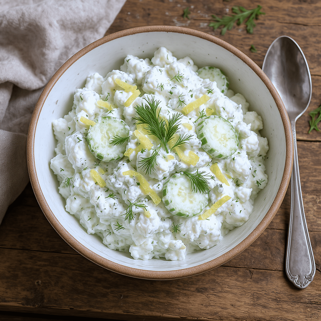 Mixing cucumber salad with Greek yogurt and cottage cheese