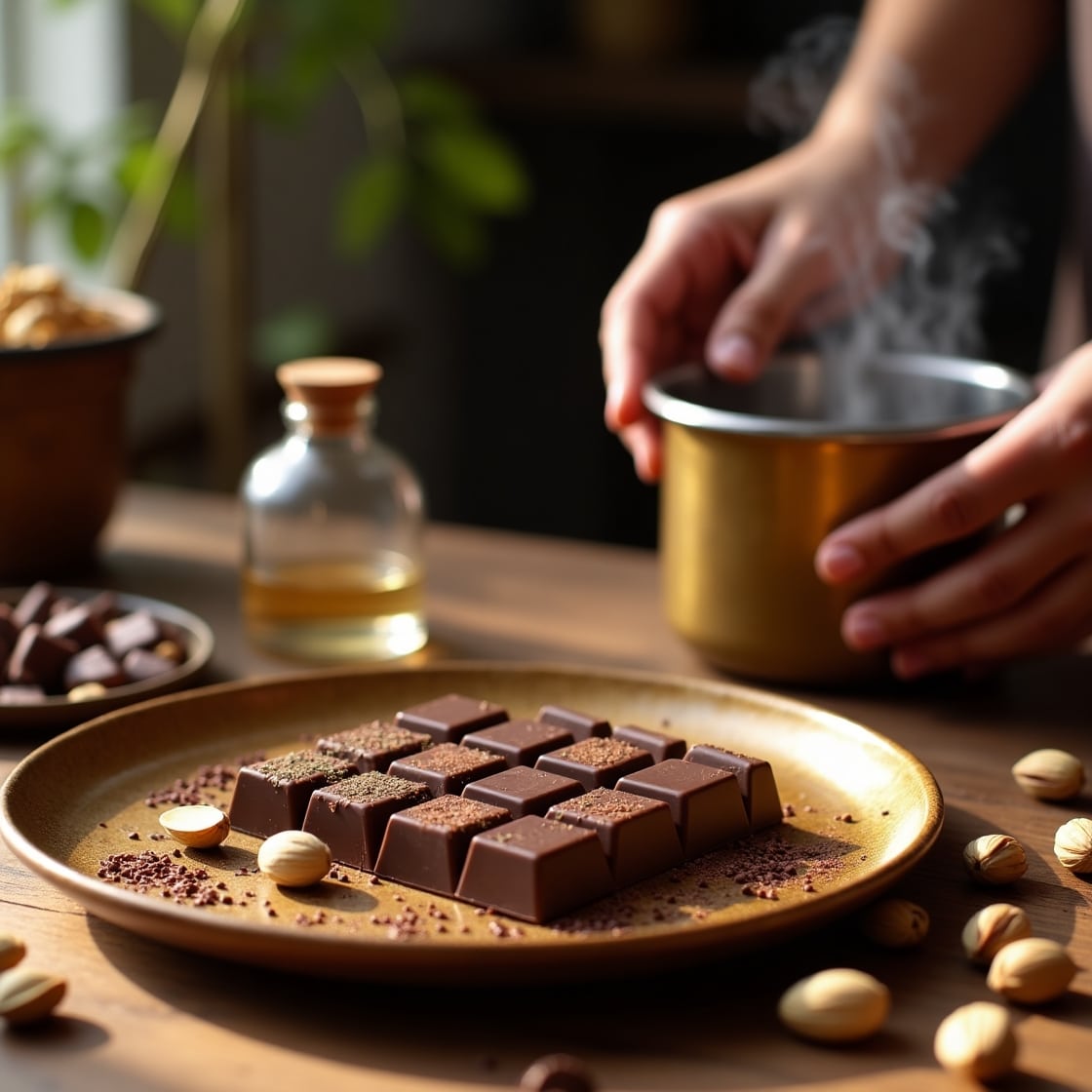 Dubai pistachio chocolate bar on elegant gold plate