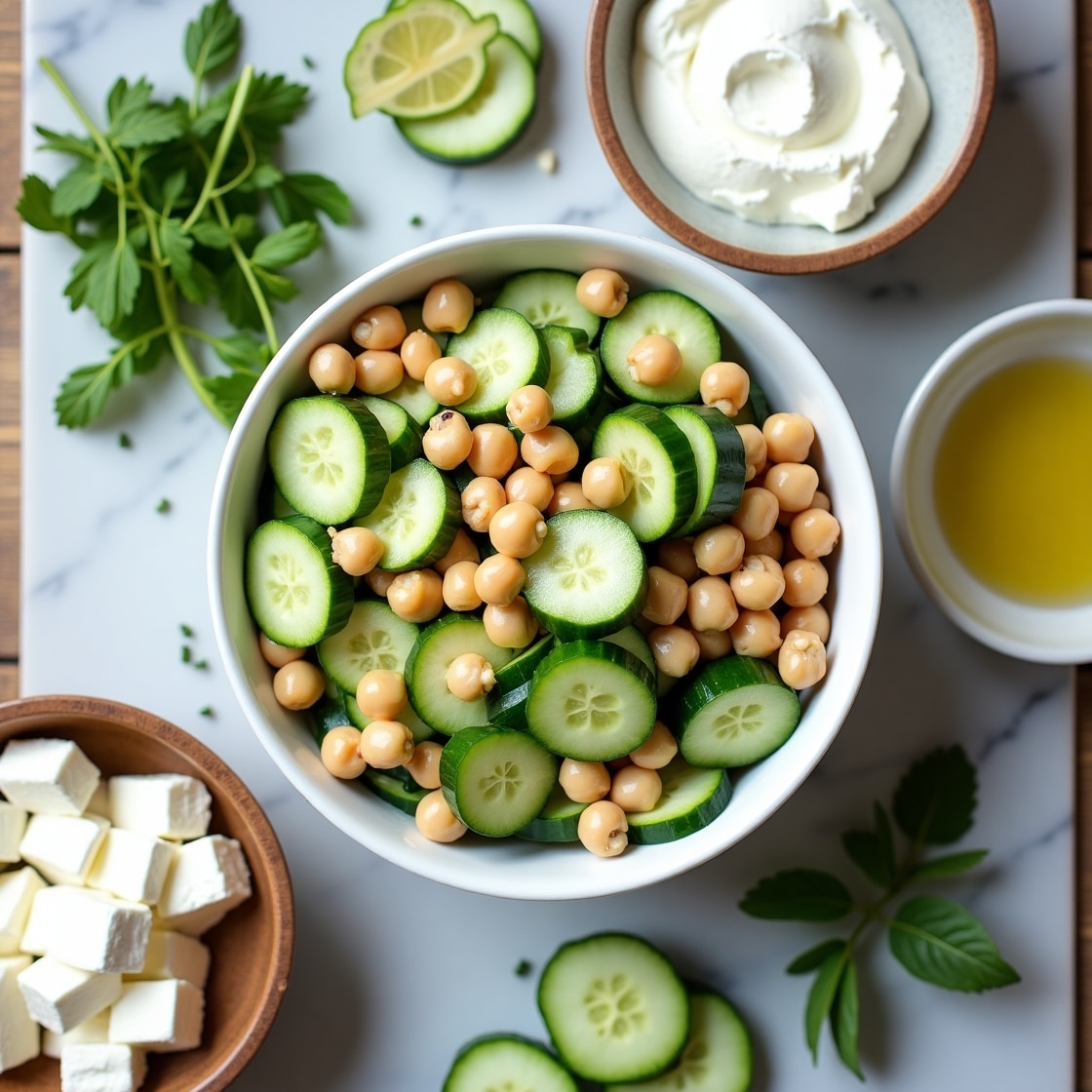 Mixing yogurt and cucumber for salad