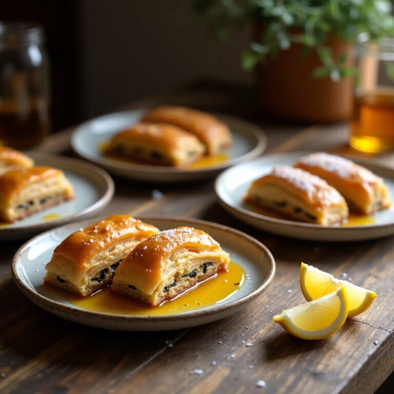 Traditional Greek dessert table with baklava and loukoumades
