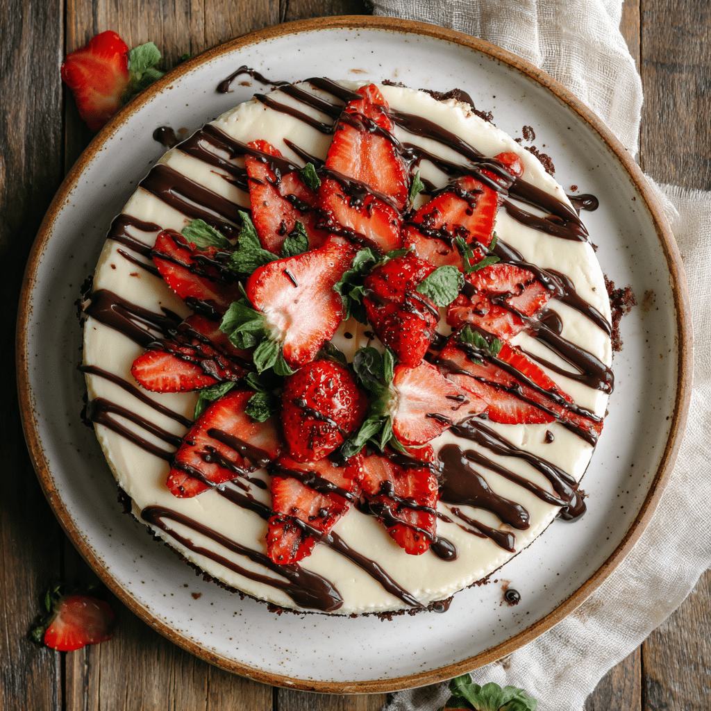 no bake high protein cheesecake topped with fruit and chocolate