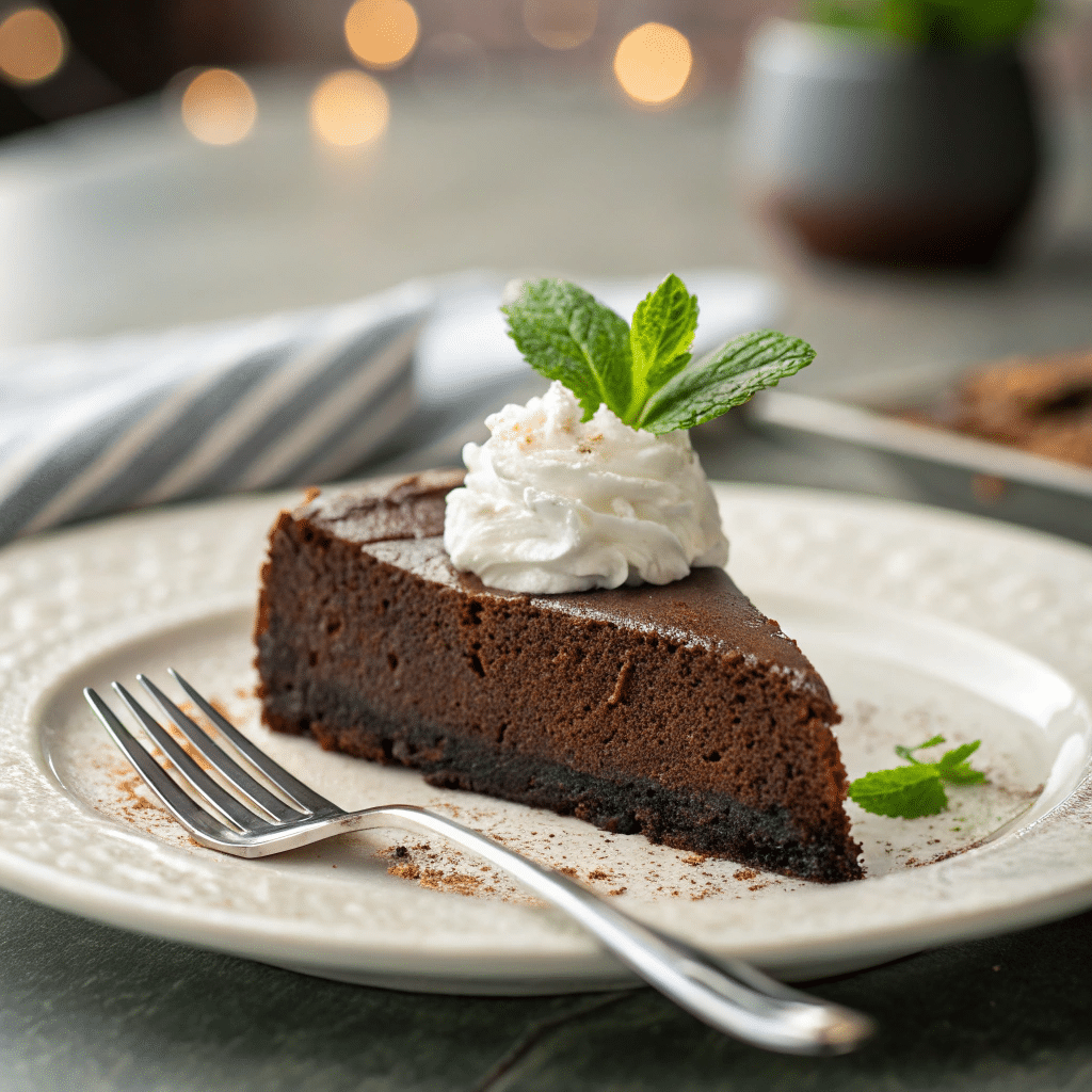 Served slice of flourless chocolate cake recipe