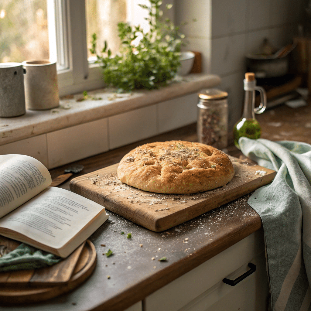 Homemade sourdough focaccia cooling on a wood board in a messy home kitchen with soft natural light.