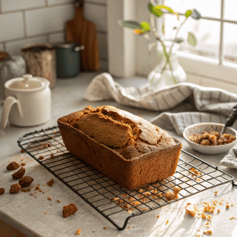 Gluten-free pumpkin bread loaf cooling on a rack with crumbs around it in a sunny kitchen.