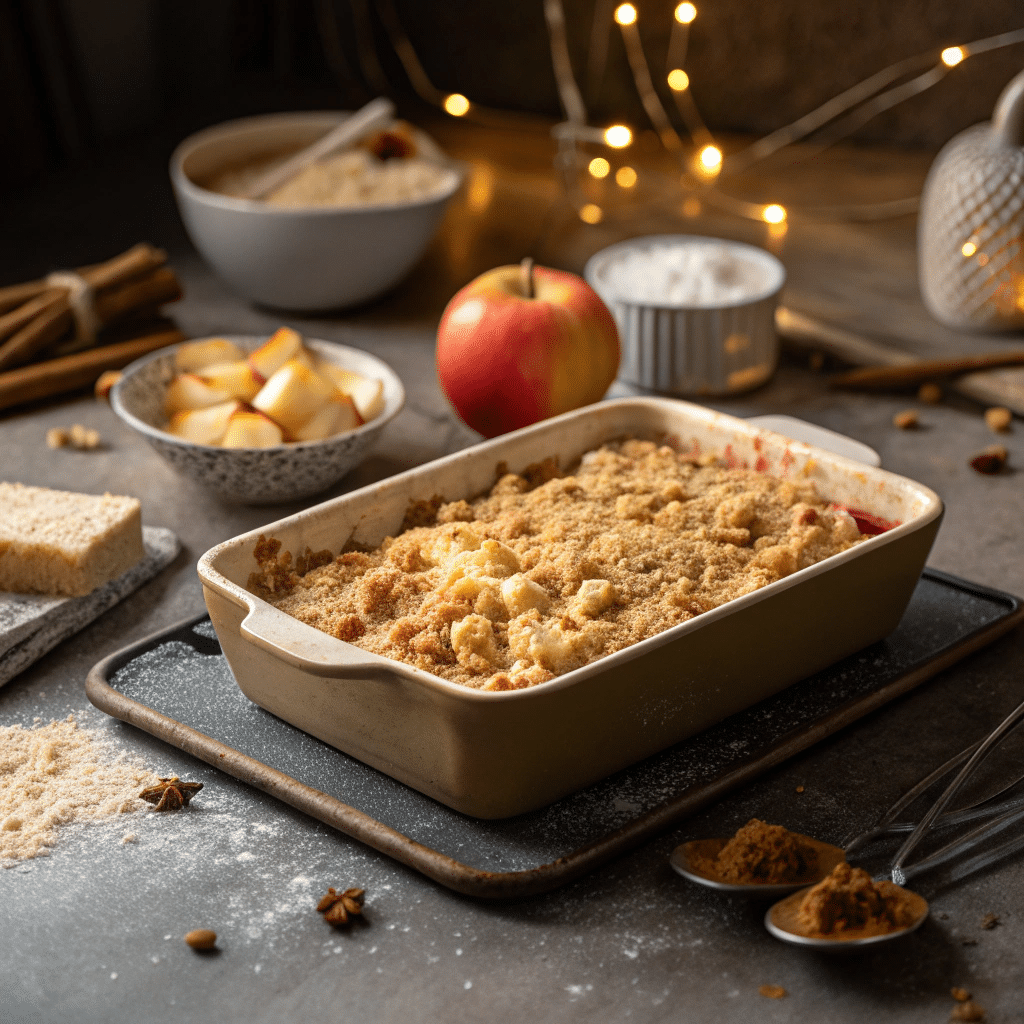 baking dish filled with apple mixture and topped w