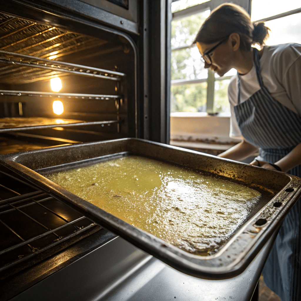 Oiled pan of focaccia in oven with uneven dimples and crispy edges.