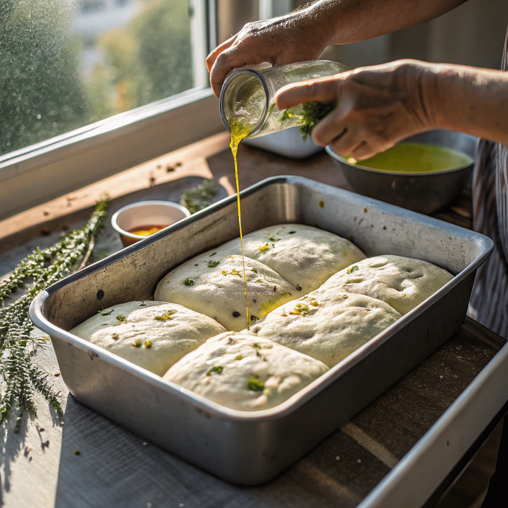  Hands dimpling focaccia dough in a baking dish with olive oil.