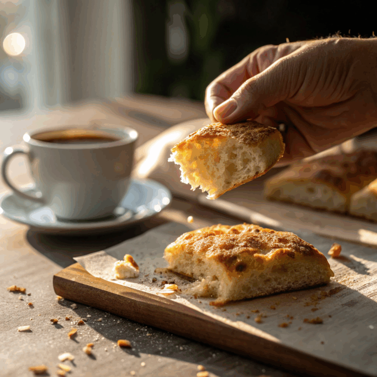 Hand tearing into a fresh piece of focaccia with crumbs falling.