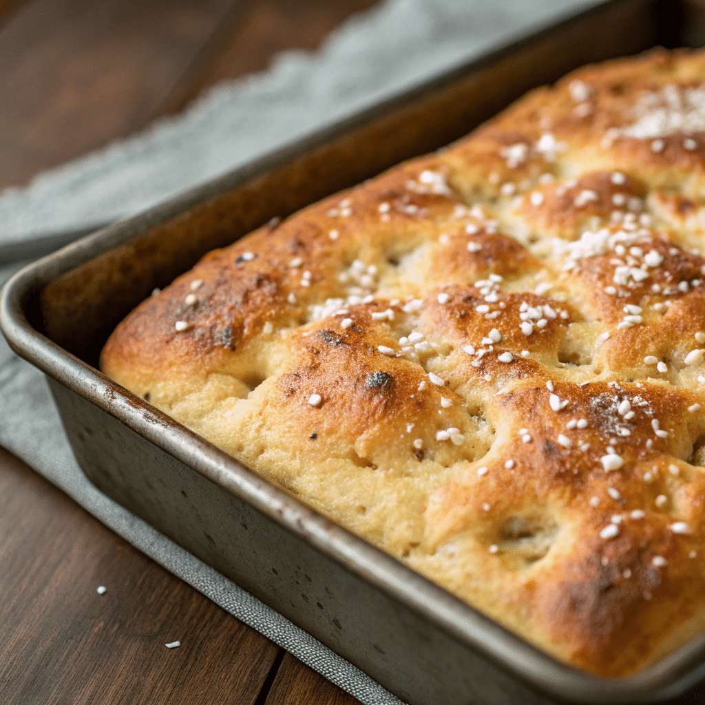Baked overnight focaccia with golden crust