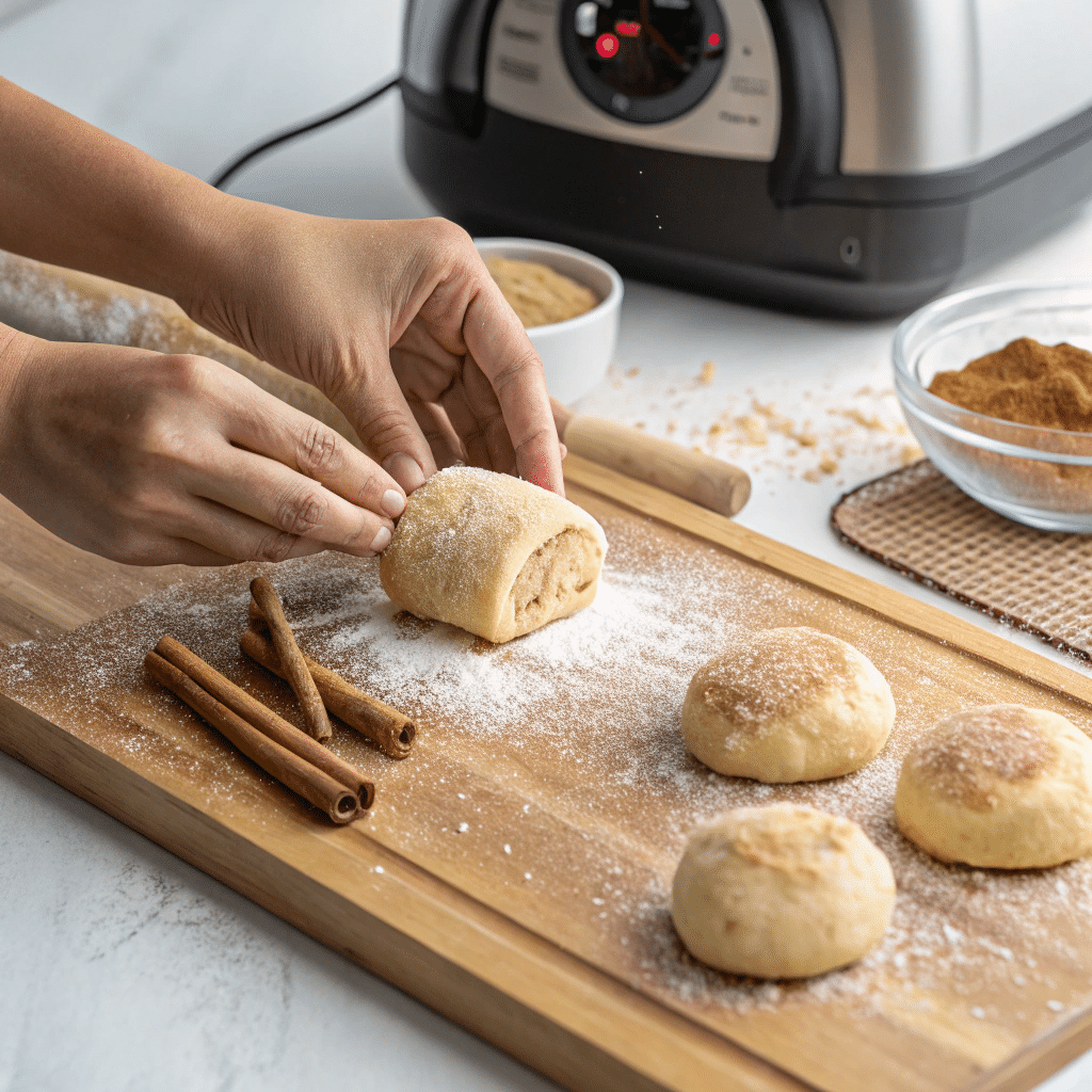 Rolling biscuit dough in cinnamon sugar for air fryer dessert