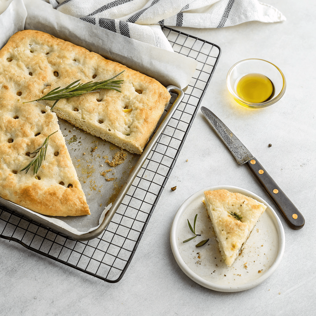 Baked gluten free focaccia showing airy crumb and crisp crust.