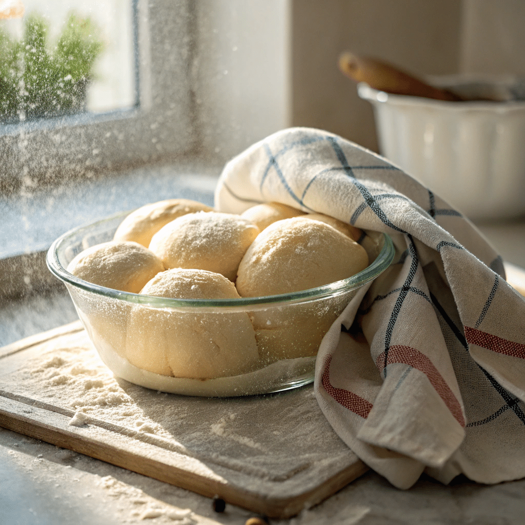 Italian focaccia dough rising in a glass bowl.