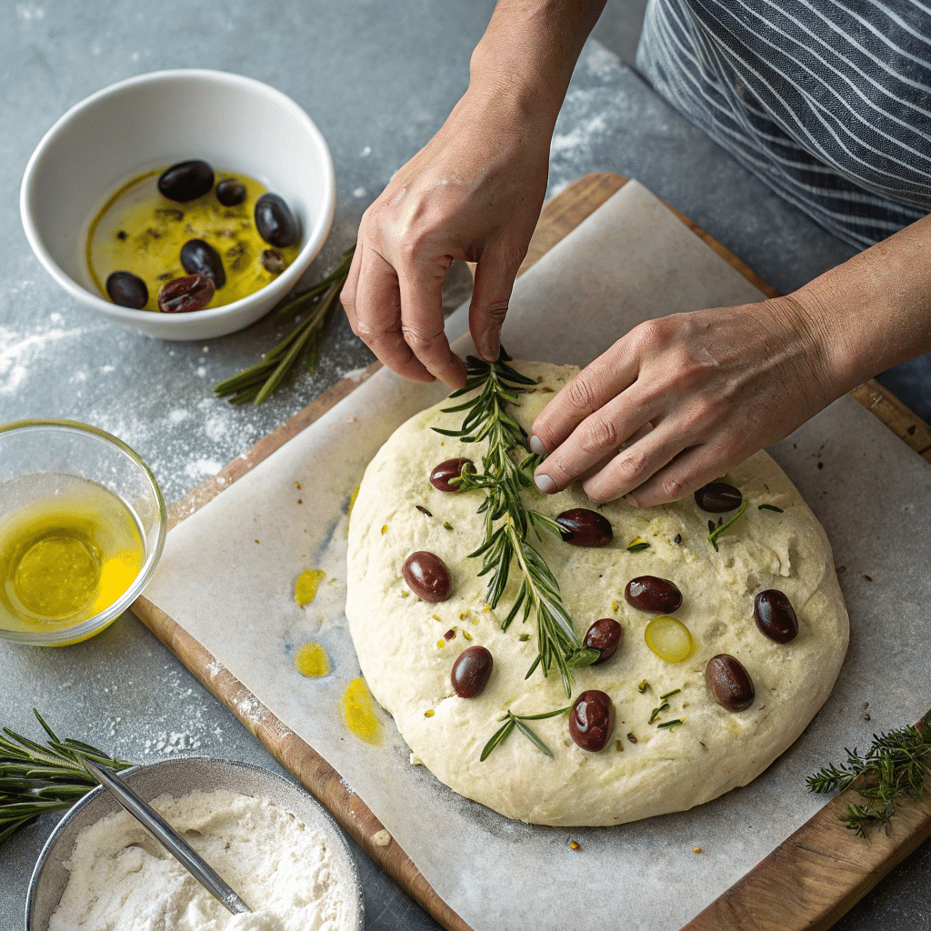 Dimpling and topping gluten free focaccia dough with rosemary and olives.