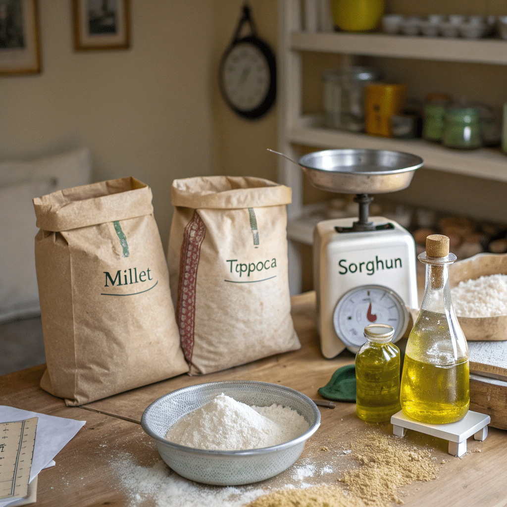 flour bags labeled millet tapioca and sorghum on