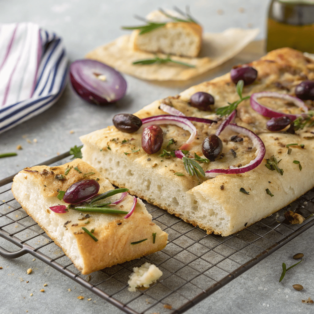 Quick focaccia topped with leftovers like onions, herbs, and olives.