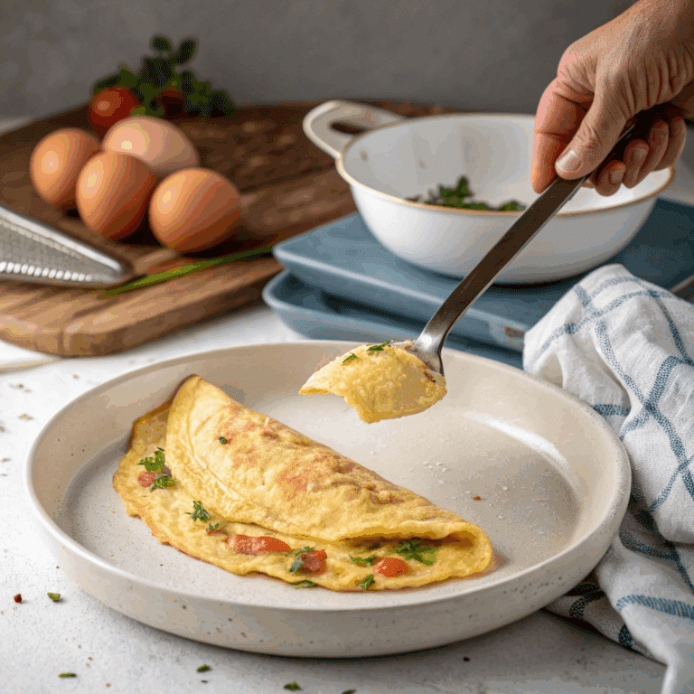 Sliding finished French omelette onto plate from skillet, seam side down.