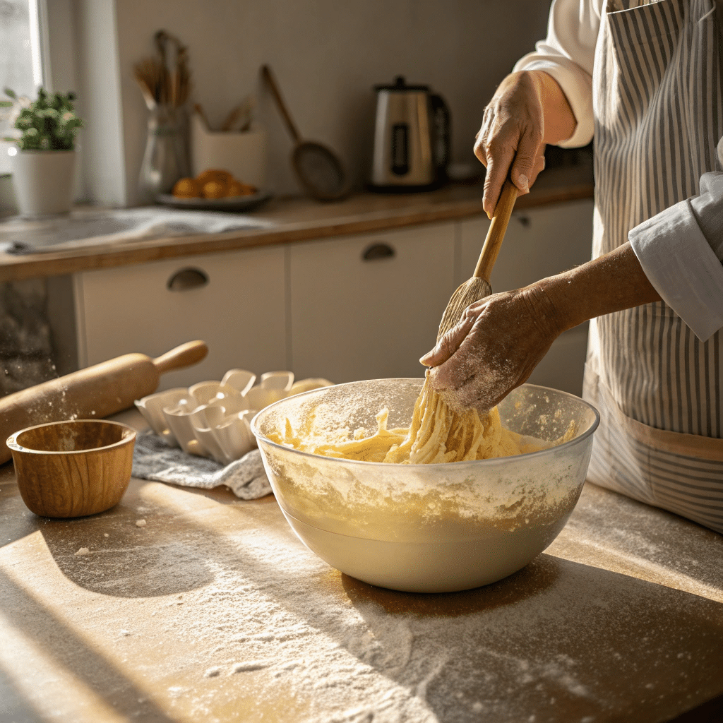 Hands stirring sticky sourdough focaccia dough in a bowl on a floured kitchen counter.