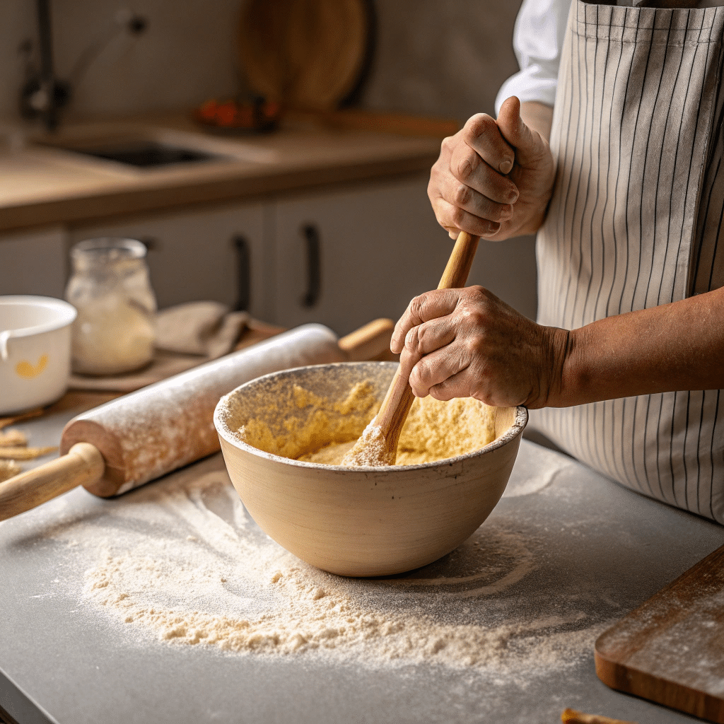 hands stirring sticky dough in a bowl with a woode