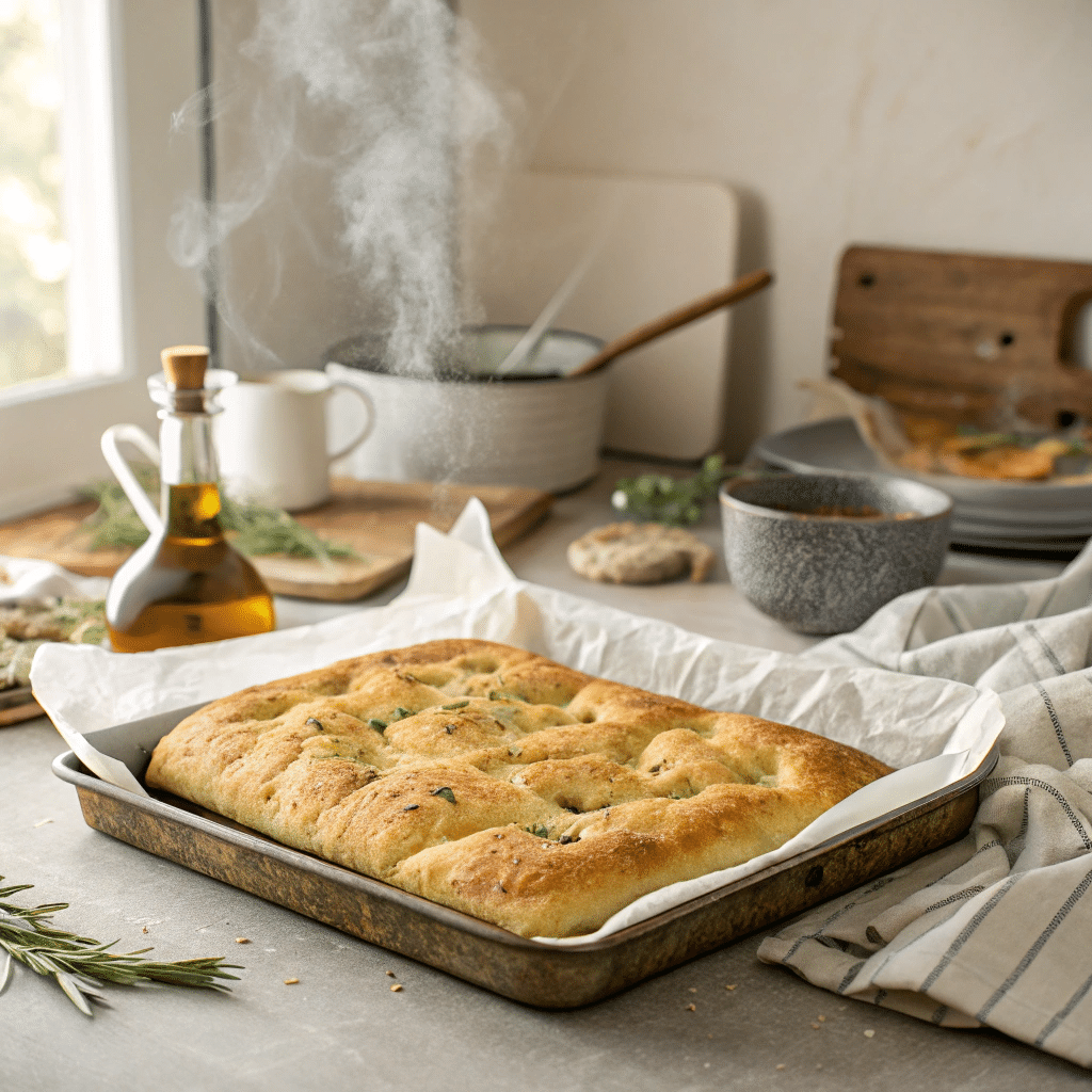 “This Authentic Italian Focaccia Is Easy and Unbelievably Soft” 2 Freshly baked Italian focaccia on a tray in a home kitchen.
