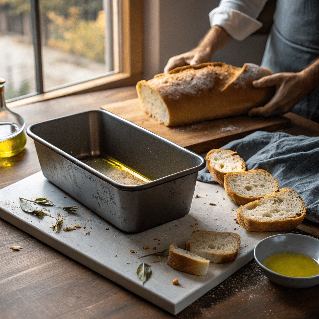 Almost empty focaccia pan with torn pieces and oil stains.