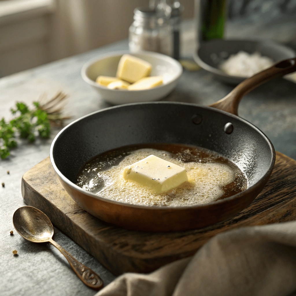 Foaming butter in skillet for cooking a classic French omelette.
