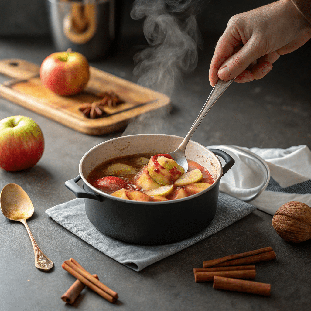 Apples simmering in a pot for gluten-free apple crumble with steam and cinnamon nearby