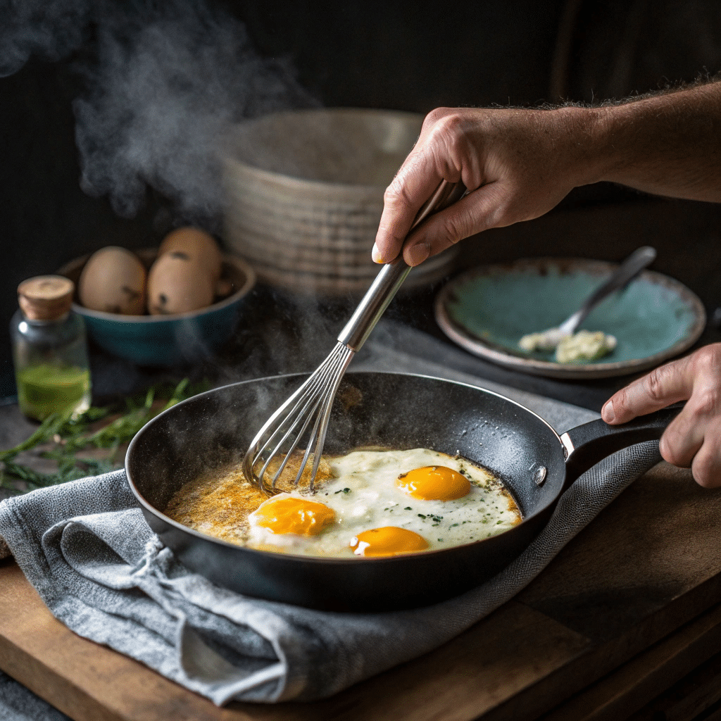 Stirring eggs in skillet while cooking a French omelette with fork and gentle motion.