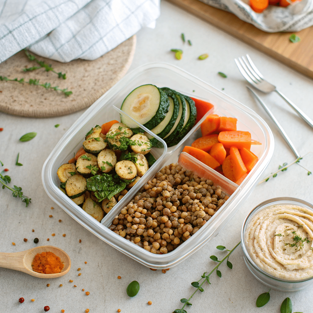 Vegan meal prep bowl with green lentils, carrots, zucchini, farro, and hummus