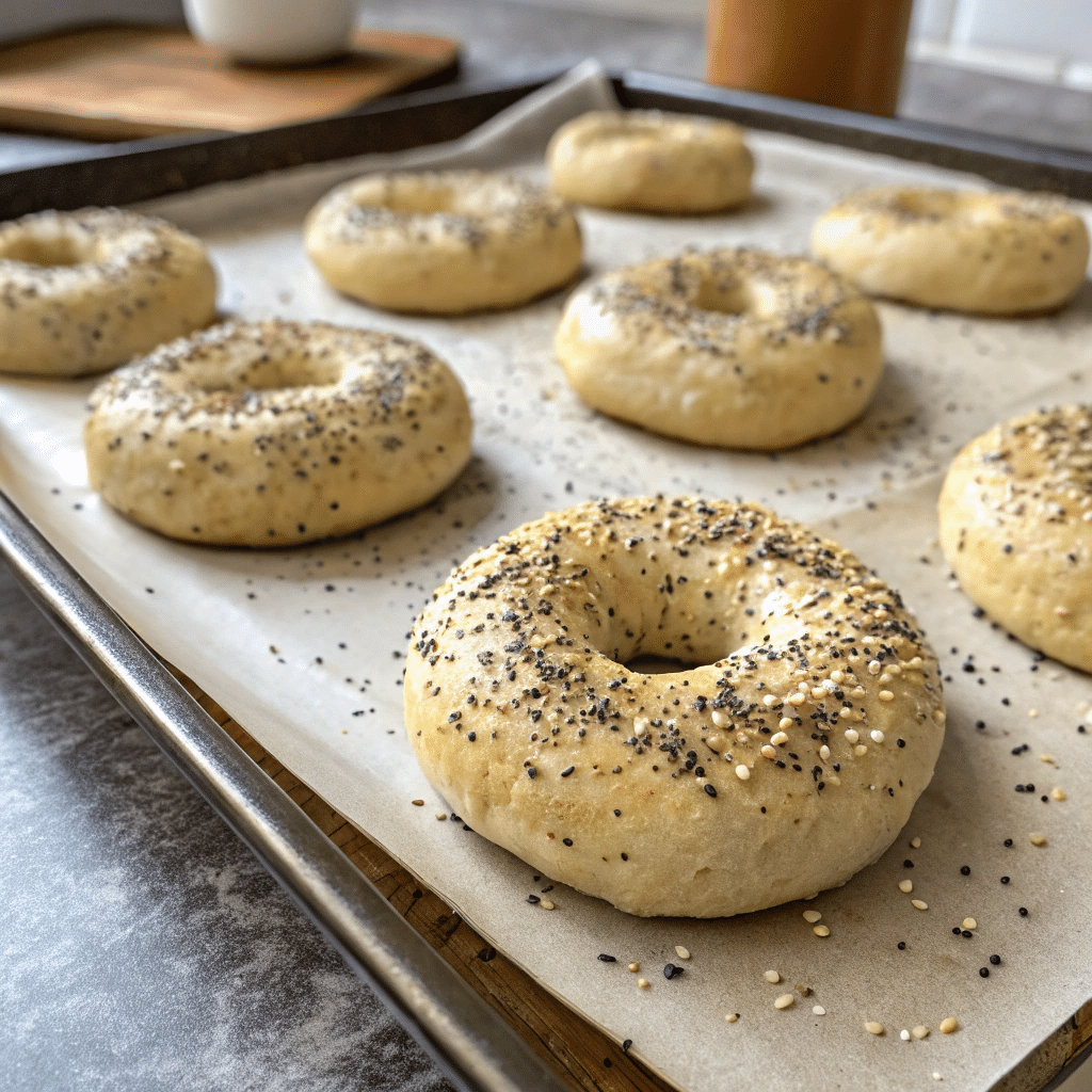 Raw protein bagels on baking sheet
