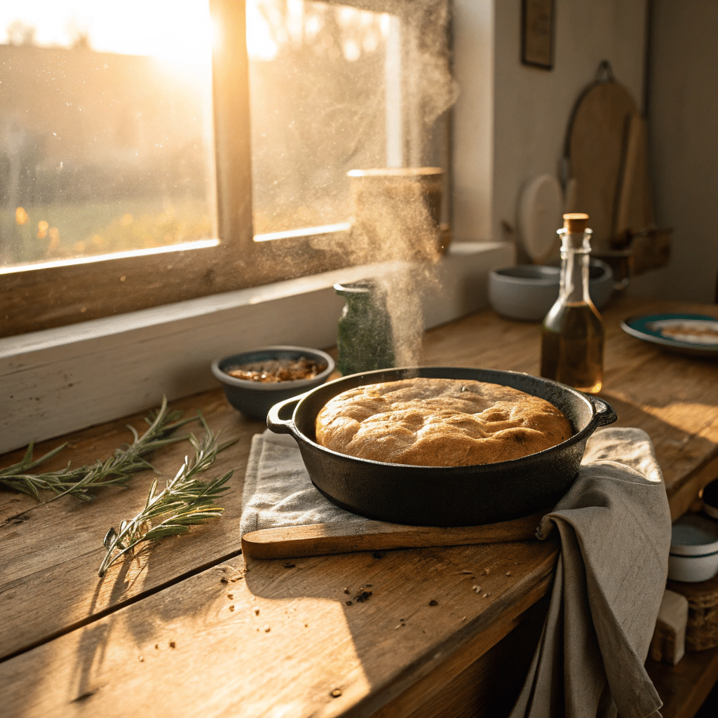 Overnight focaccia recipe with golden crust in pan