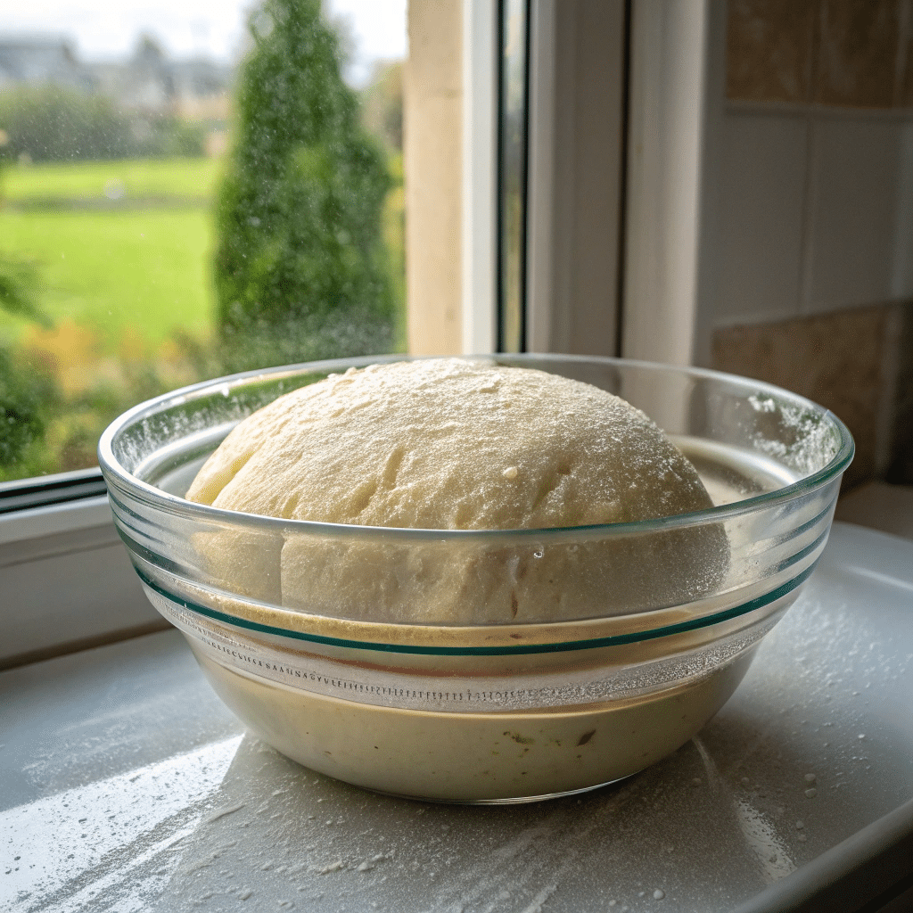 straight walled glass bowl with dough visibly doub