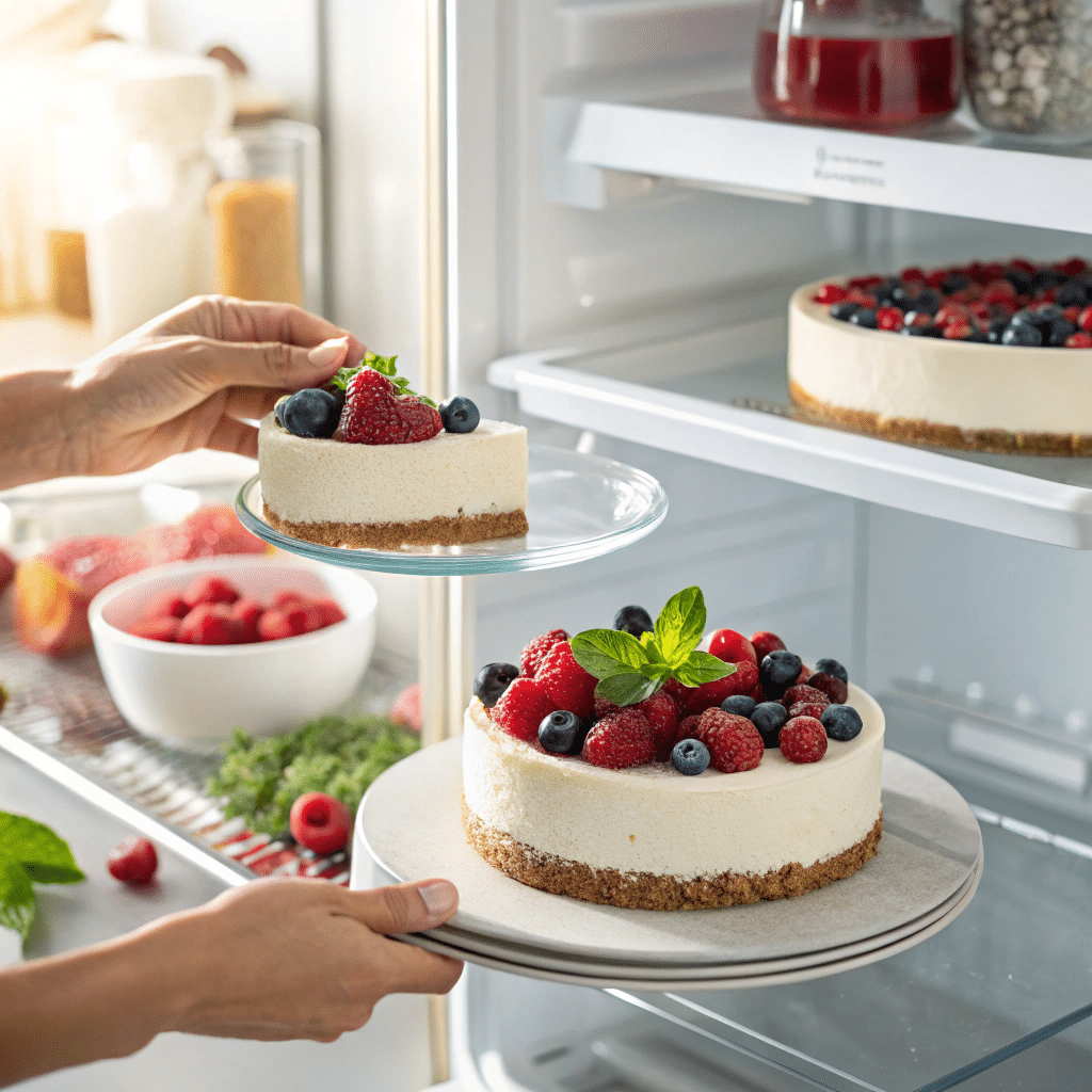 Slice of gluten free cheesecake with berries