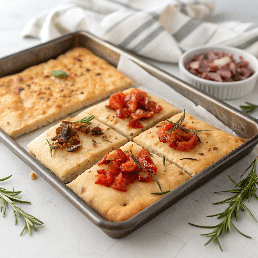 Variety of toppings on Italian focaccia slices.