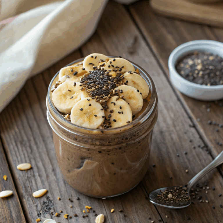 Chocolate peanut butter protein overnight oats in a jar