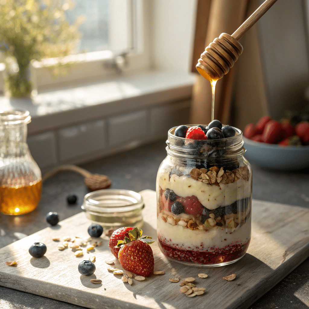 overnight oats with yogurt in a jar with berries and nuts