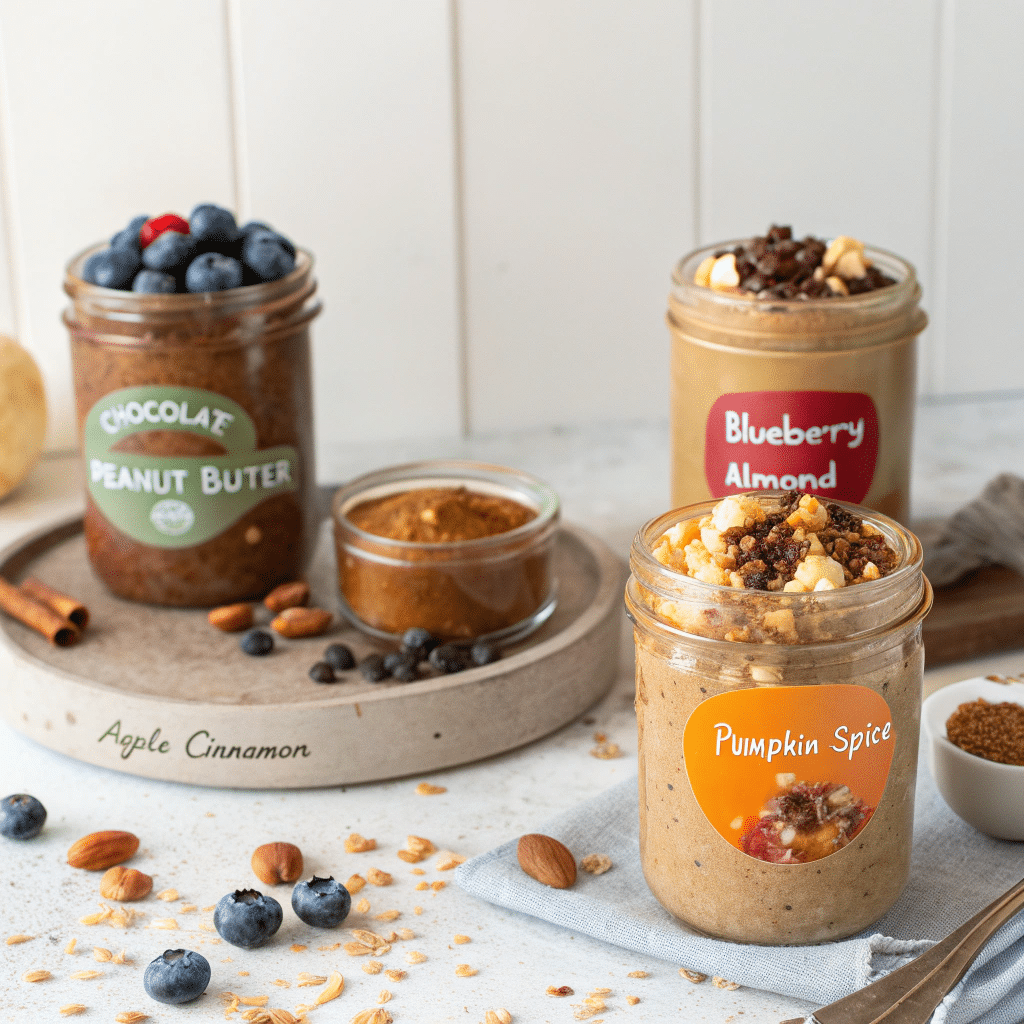 Four jars of flavored protein overnight oats