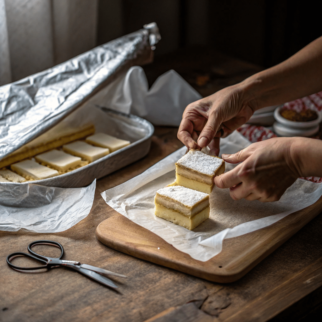 Wrapping chocolate cake slices for freezer storage.