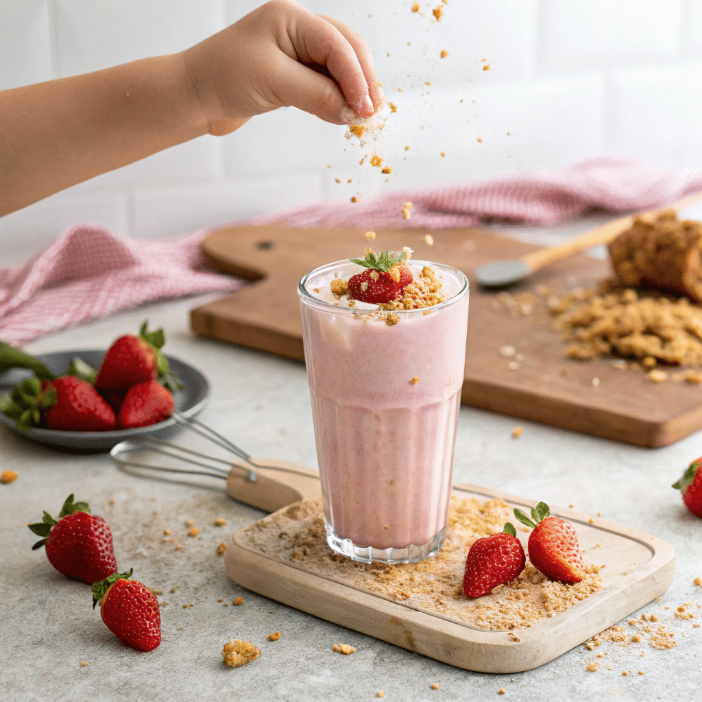 Graham cracker crumbs added to strawberry Creami with child’s hand nearby