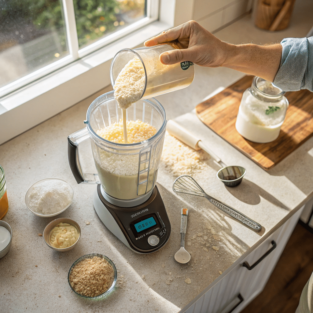 Vanilla protein ingredients being blended with spills and measuring spoons