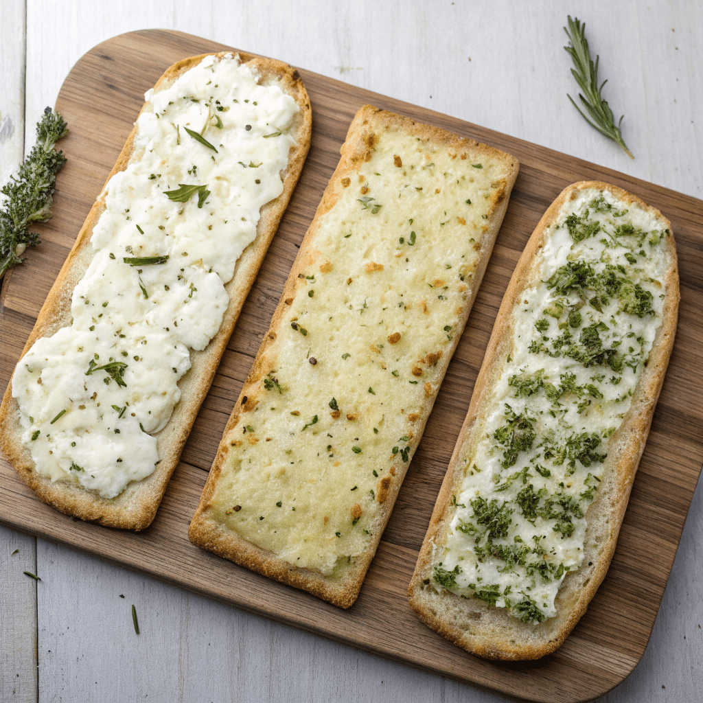 three types of cottage cheese flatbread on wooden board
