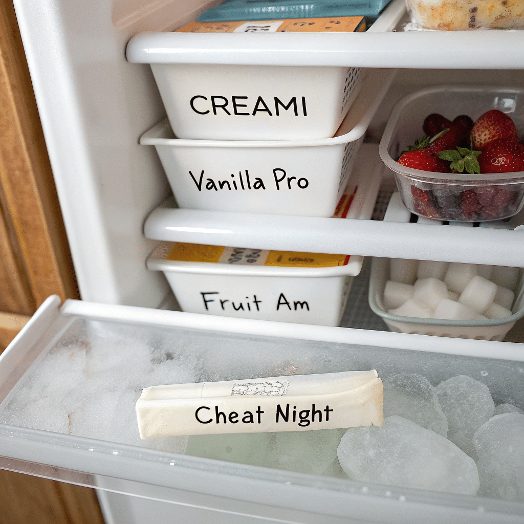 Three labeled Creami pints in freezer drawer: 'Vanilla Pro', 'Fruit AM', 'Cheat Night'