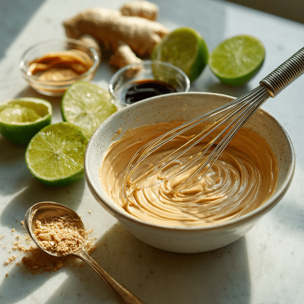 Close-up of peanut sauce being whisked in a small bowl with peanut butter jar and lime nearby.