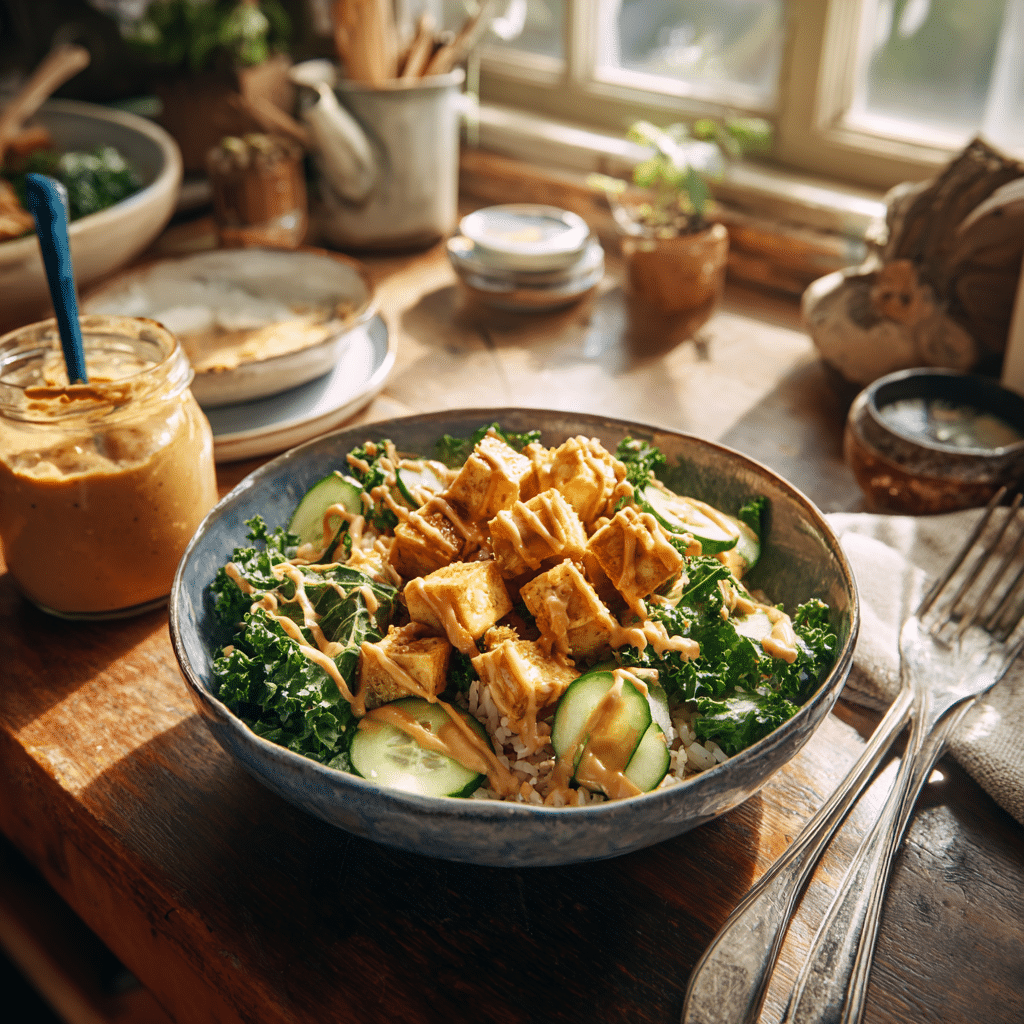 Overhead photo of a homemade tofu rice bowl with peanut sauce, kale, tofu, cucumber, and brown rice on a wooden table in natural daylight.