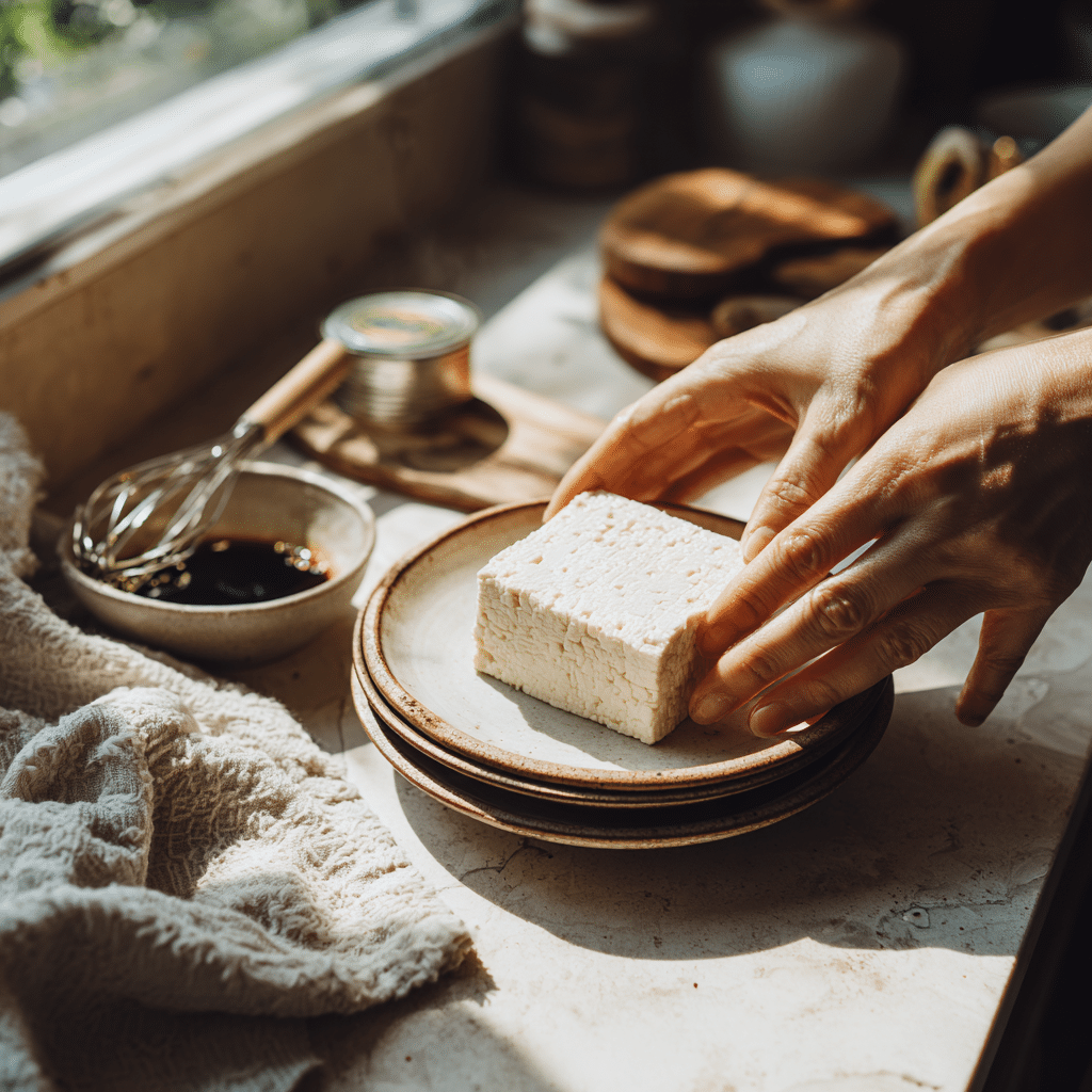 Close-up of hands pressing tofu between plates on a kitchen counter with soy sauce marinade nearby.