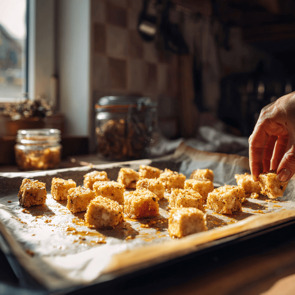 Hand placing tofu cubes on a baking tray lined with parchment paper in a bright home kitchen.