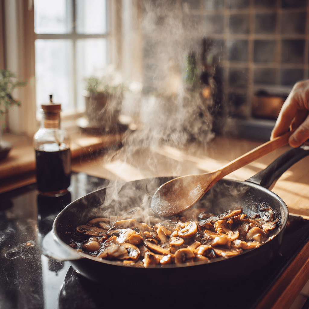 Over-the-shoulder photo of mushrooms cooking in a pan with steam and soy sauce bottle nearby.