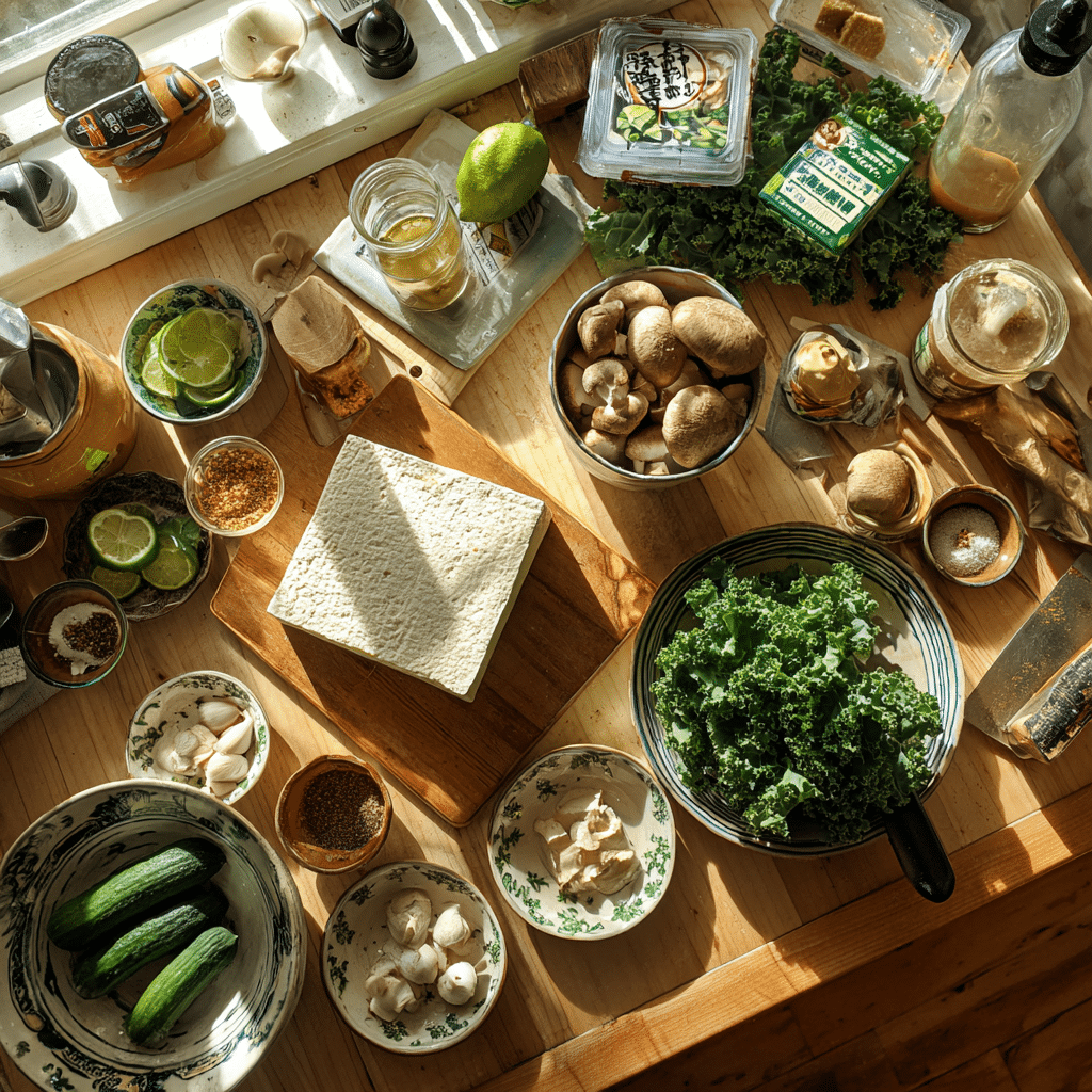 Overhead view of tofu, mushrooms, kale, cucumbers, and sauces arranged casually on a home kitchen counter in natural light.