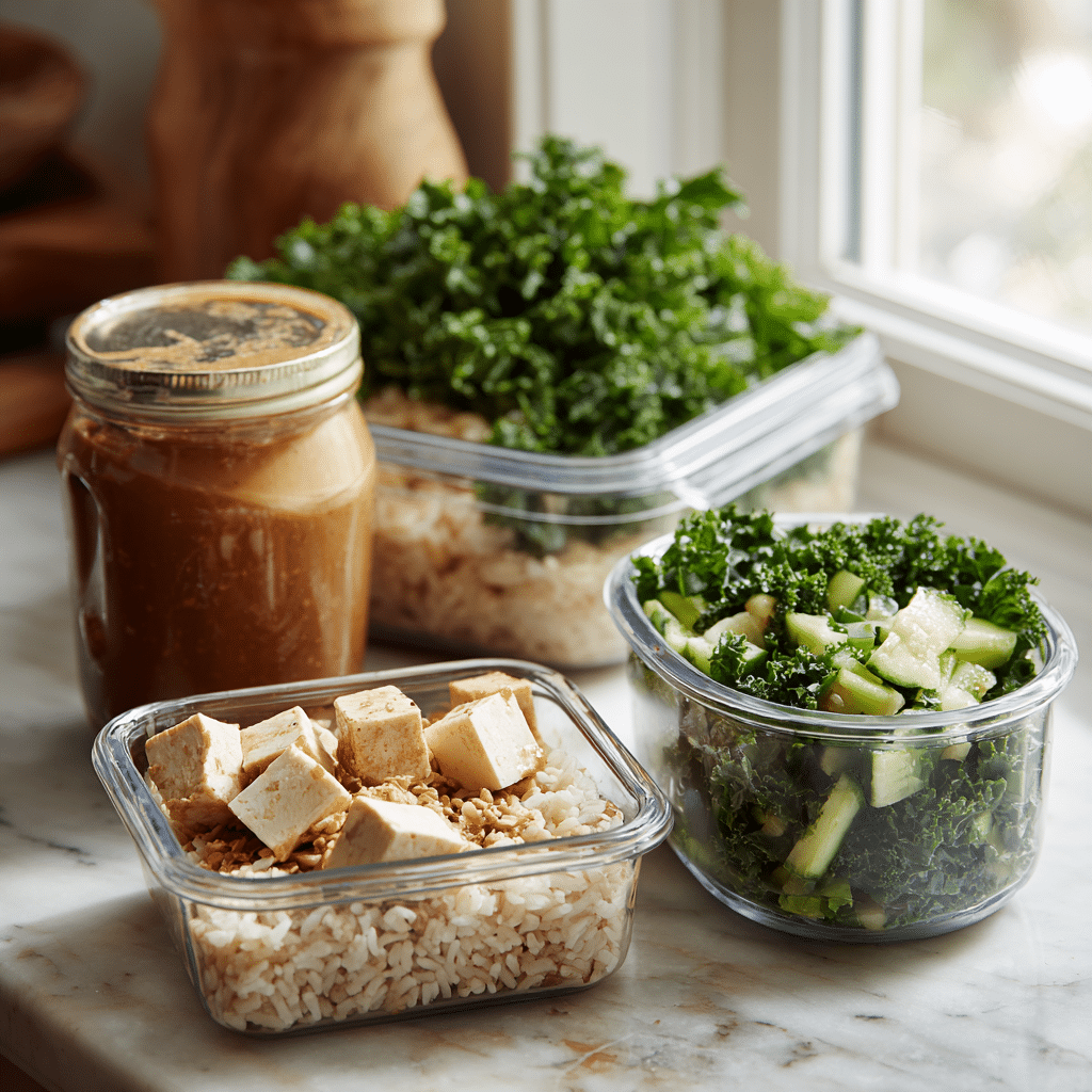 Casual kitchen table with meal prep containers holding tofu, rice, kale, and peanut sauce.