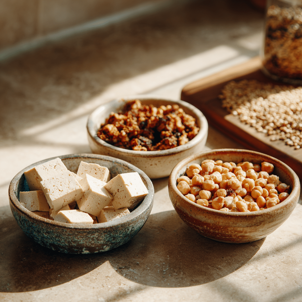 Overhead photo of tofu, tempeh, and chickpeas beside grains like quinoa and brown rice on a rustic counter.