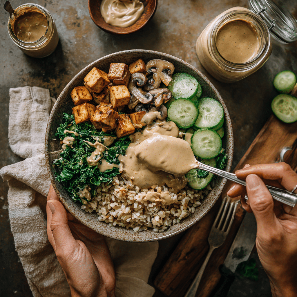 Overhead view of hands assembling a tofu rice bowl with peanut sauce and fresh vegetables in natural light.